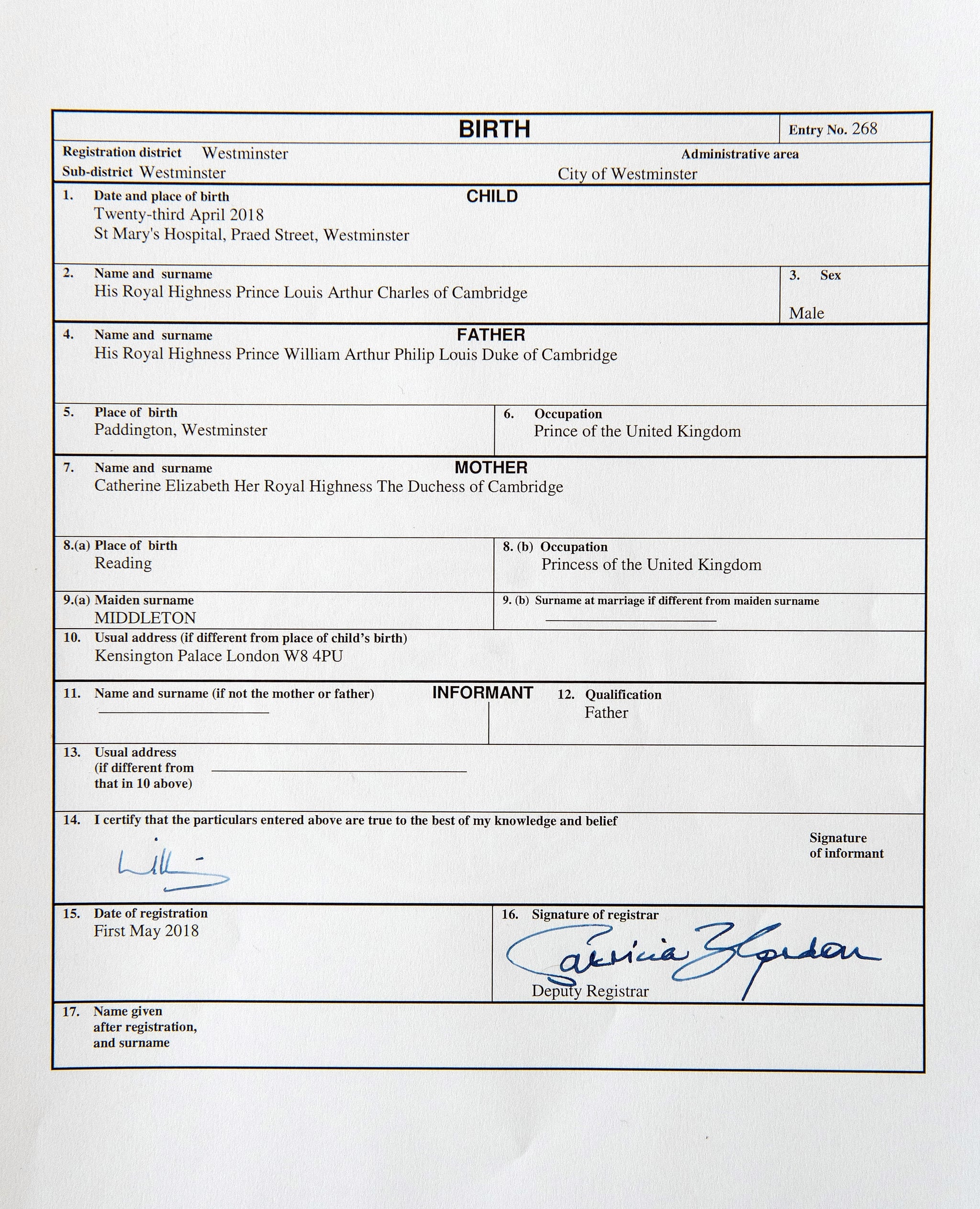 Prince Louis&#39;s Birth Certificate | POPSUGAR Celebrity