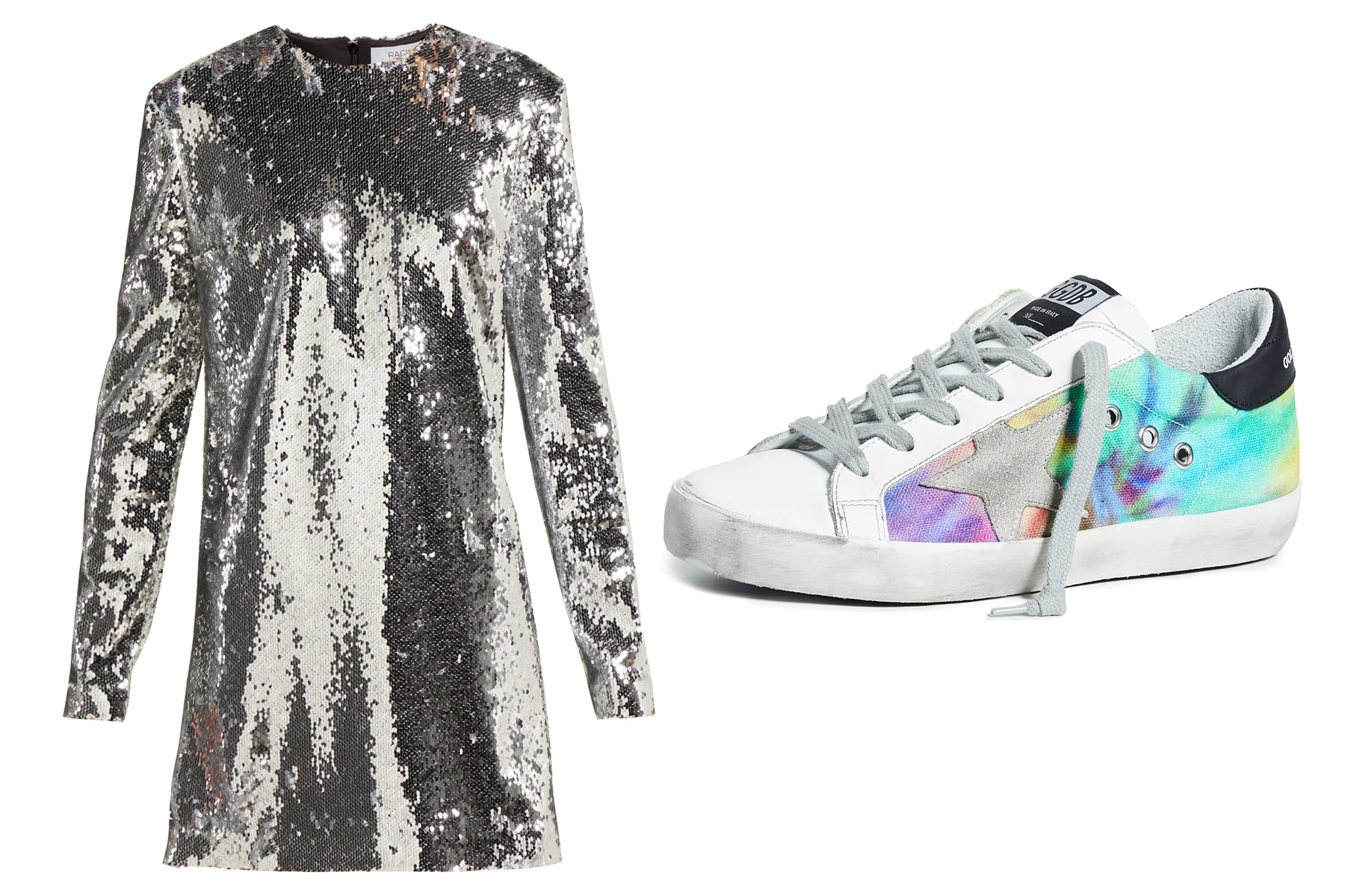 sequin dress and sneakers