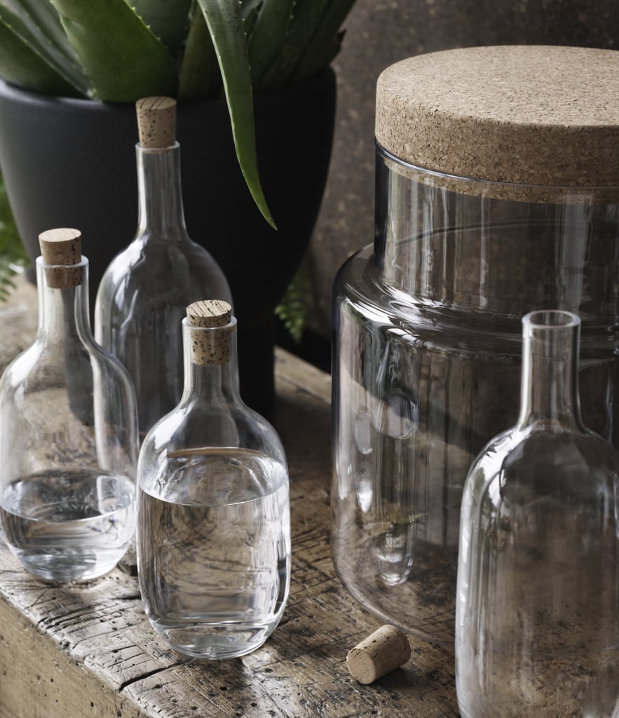 Hand-blown glass bottles ($10-$12) and lidded jars ($30) are one of the low-key and versatile decor offerings.