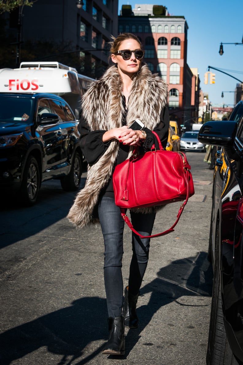 A Cherry-Red Bag and Furry Stole Are All You Need to Turn Heads on the Street