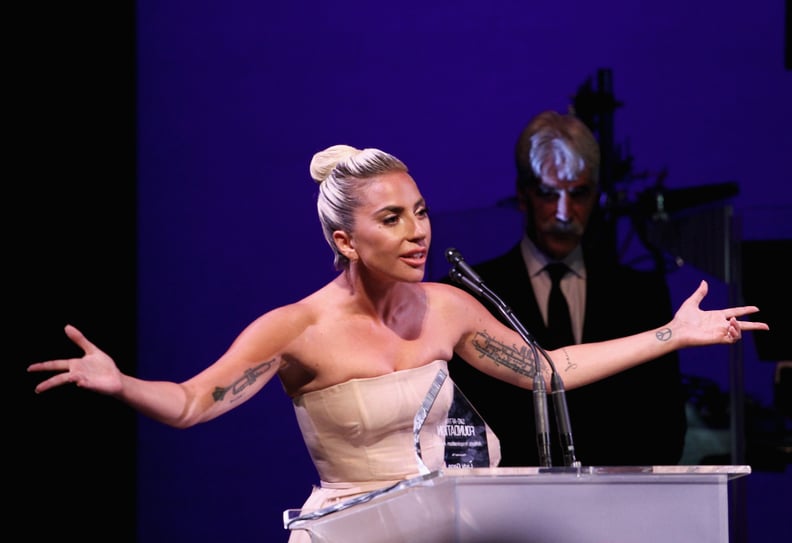 BEVERLY HILLS, CA - NOVEMBER 08:  Lady Gaga accepts the Artists Inspiration Award onstage at the SAG-AFTRA Foundation's 3rd Annual Patron of the Artists Awards at the Wallis Annenberg Center for the Performing Arts on November 8, 2018 in Beverly Hills, Ca