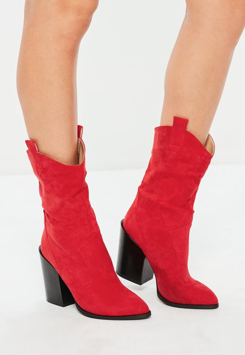Missguided Red Mid Height Heeled Western Boots