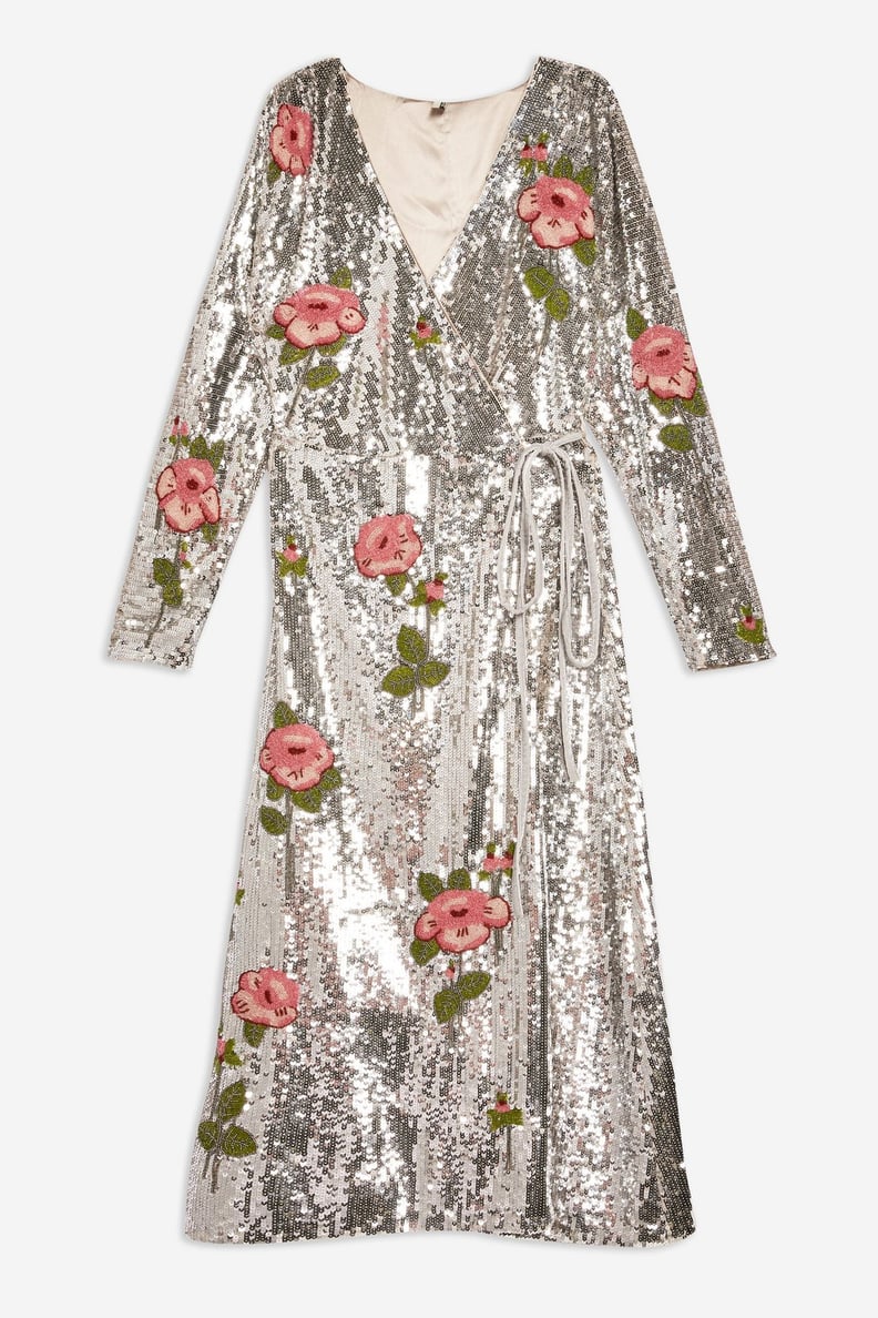 Topshop Sequin Floral Beaded Wrap Dress