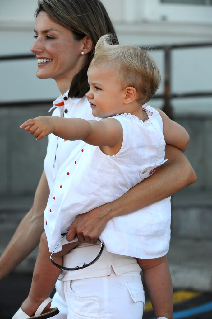 In July 2008, Princess Letizia toted her little one, Princess Sofía, around Palma de Mallorca, Spain during a sailing cup.