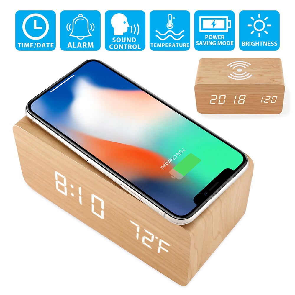 A Wireless Charging Pad: Gearonic Wooden Alarm Clock