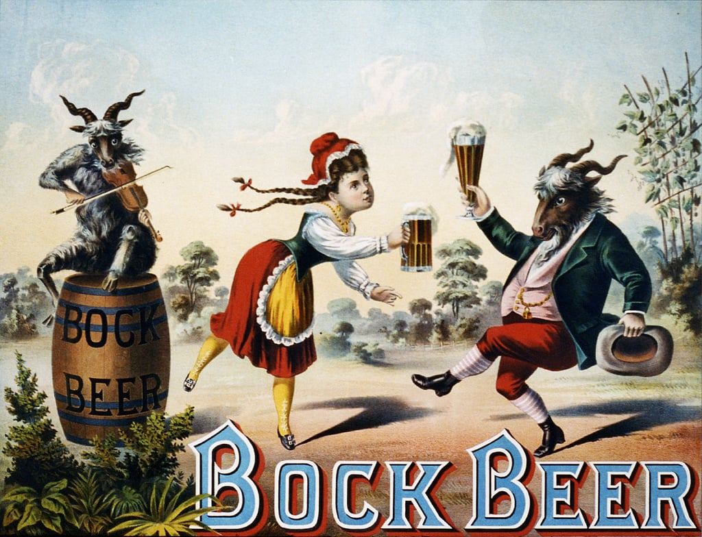 In this 1882 ad, a barmaid enjoys a stein of Bock Beer with her pal — a dressed-up goat.