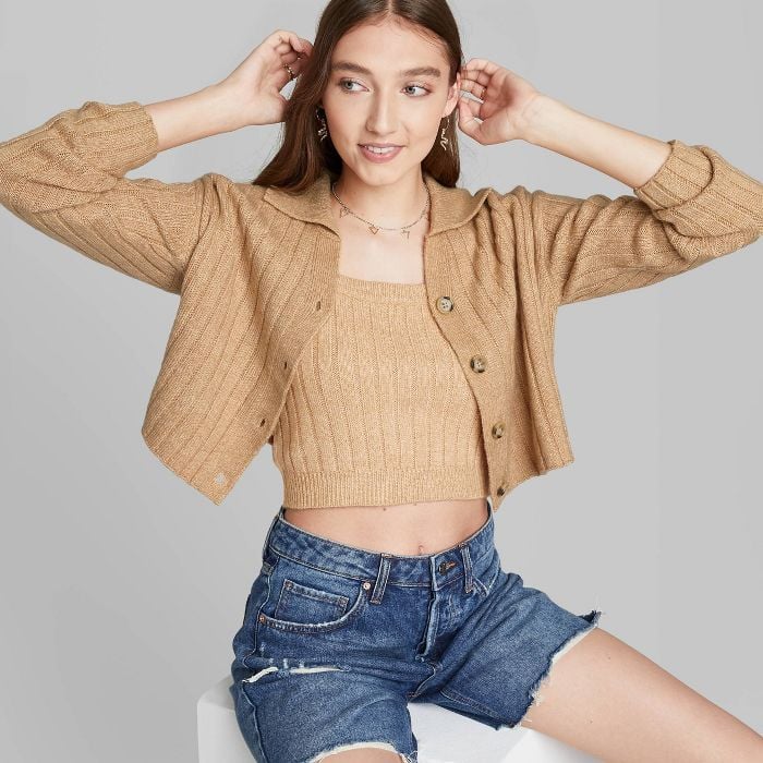 A Playful Silhouette: Wild Fable Button-Front Ribbed Cropped Cardigan