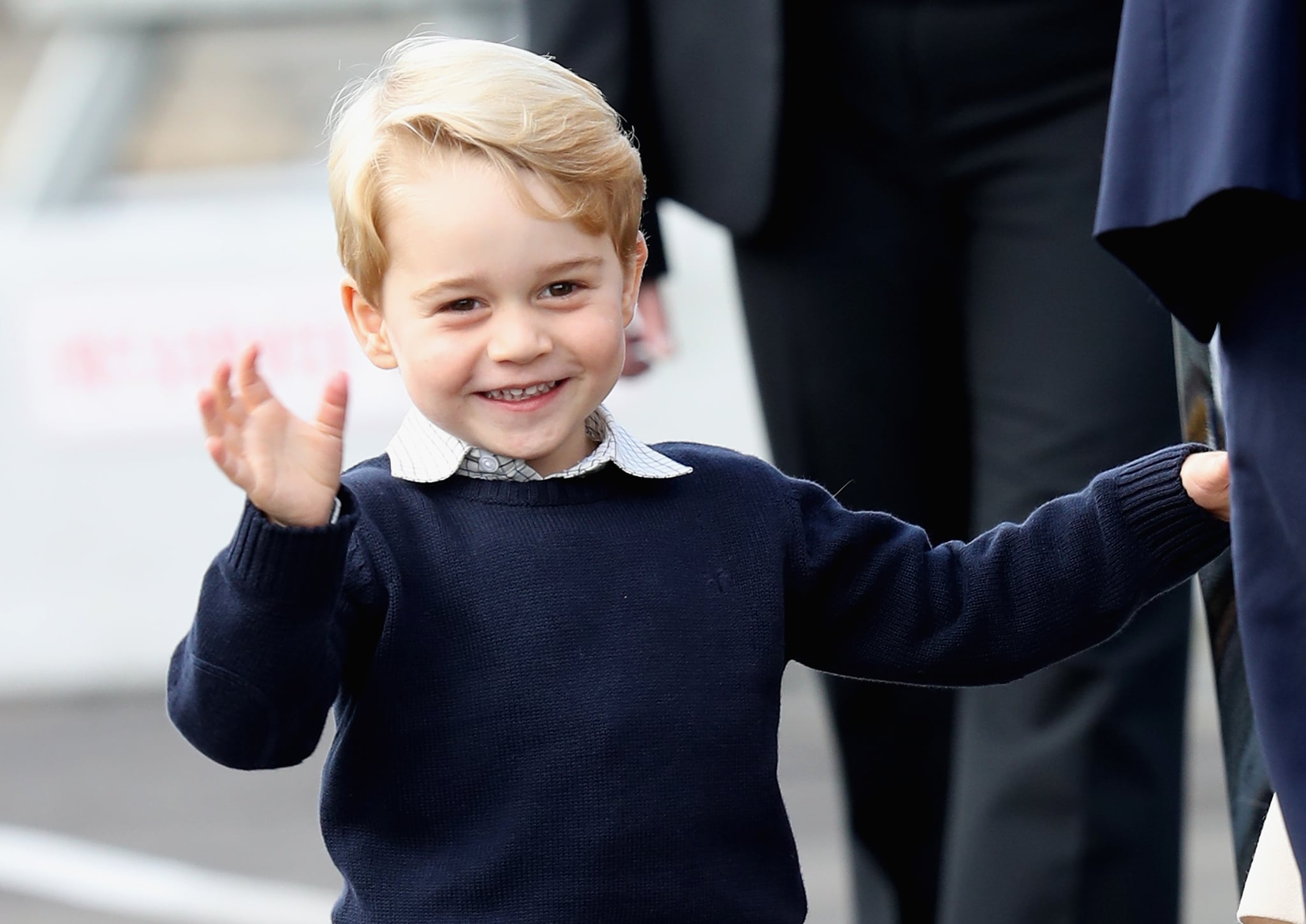 VICTORIA, BC - OCTOBER 01:  Prince George of Cambridge waves as he leaves from Victoria Harbour to board a sea-plane on the final day of their Royal Tour of Canada on October 1, 2016 in Victoria, Canada. The Royal couple along with their Children Prince George of Cambridge and Princess Charlotte are visiting Canada as part of an eight day visit to the country taking in areas such as Bella Bella, Whitehorse and Kelowna  (Photo by Chris Jackson/Getty Images)