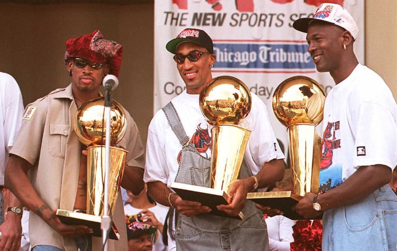 Michael Jordan and Dennis Rodman With Scottie Pippen at a Rally in Chicago in 1996