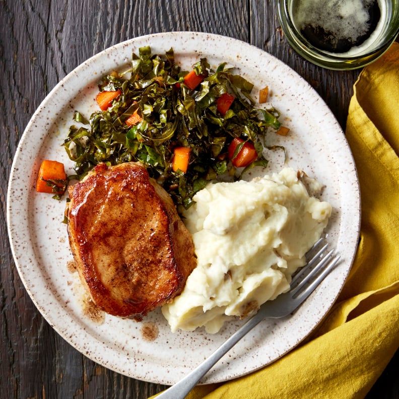 Seared Pork Chops and Mashed Potatoes With Maple-Stewed Collard Greens