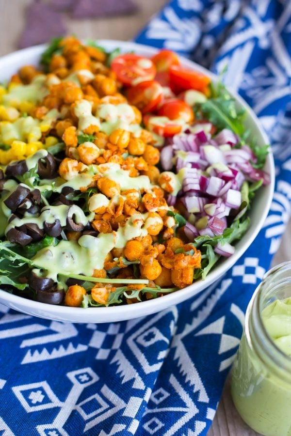 Seasoned Chickpea Taco Salad with Avocado Ranch Dressing