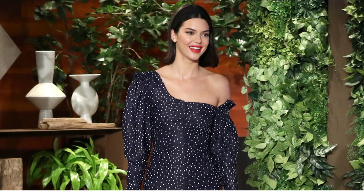 Kendall Jenner Navy Polka Dot Dress On The Ellen Show Popsugar Fashion 9622