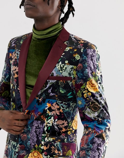 ASOS Edition Skinny Blazer in Purple Floral Patchwork Velvet