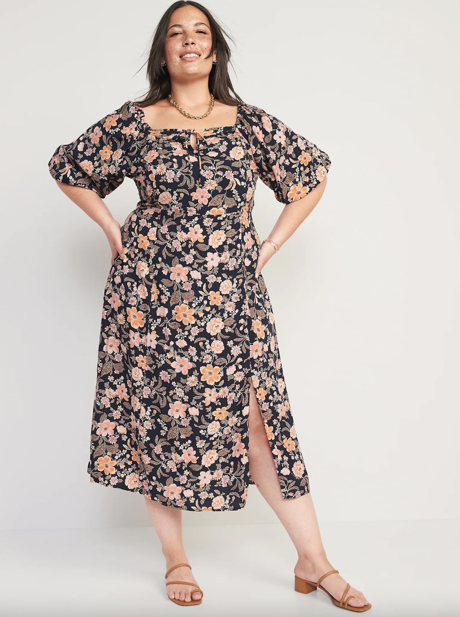 Women's Summer Puff Sleeve Floral Print Split Maxi Dress Flowy A