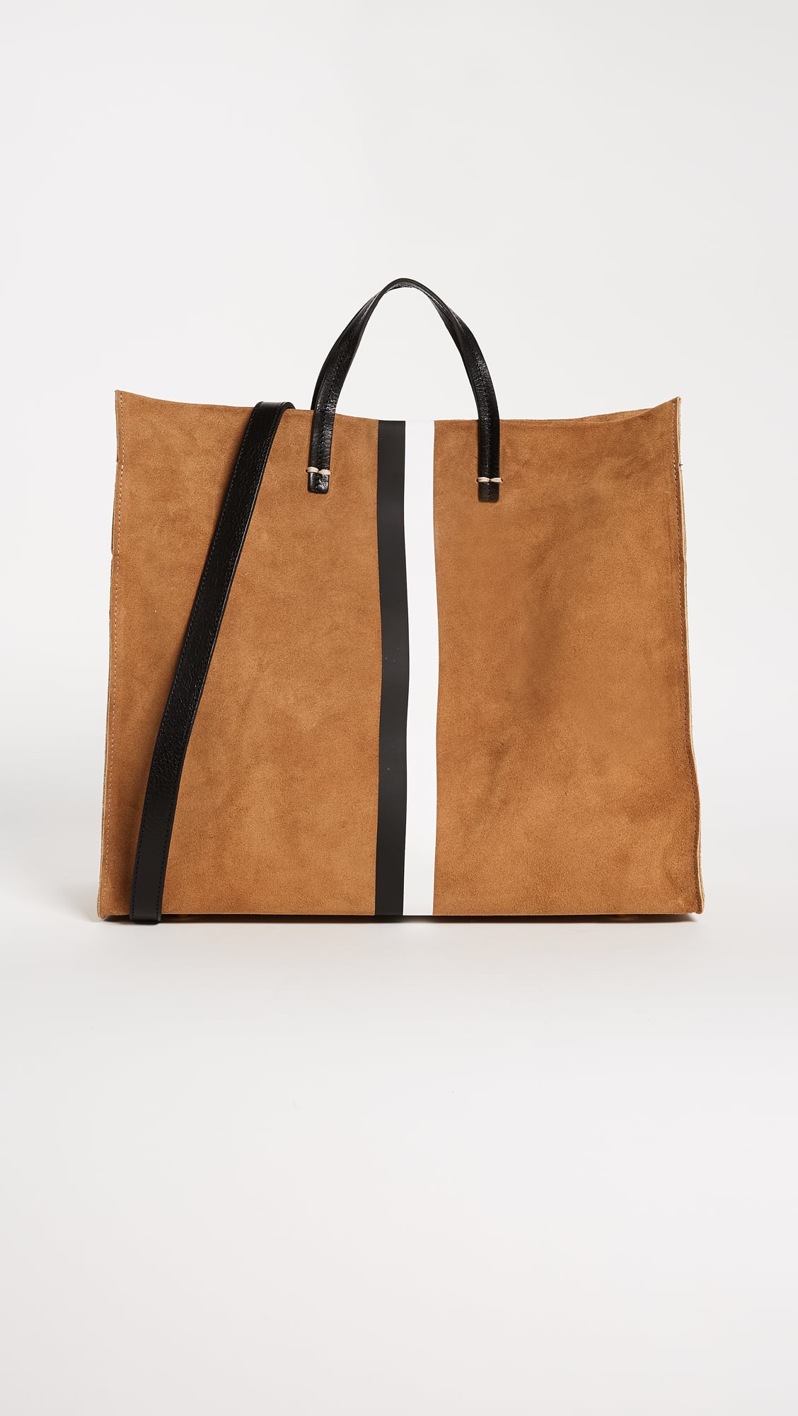 Clare V. Simple Tote Camel Suede with Black & White Stripes