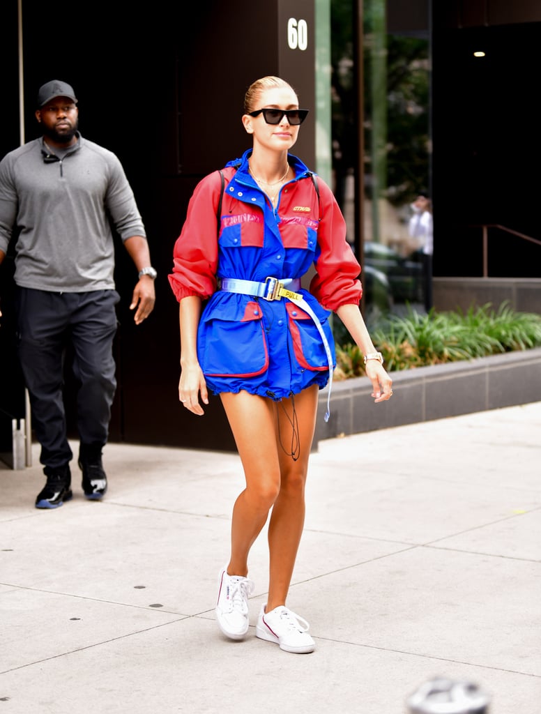 Hailey went the sporty route in this Heron Preston colourblock jacket, which she finished with Adidas sneakers and Céline sunglasses for an outing with Justin in NYC at the end of July.