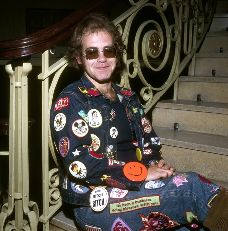 Elton john denim jacket with patches outlet