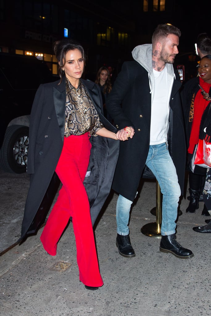 Victoria Beckham Red Pants and Snakeskin Blouse January 2019