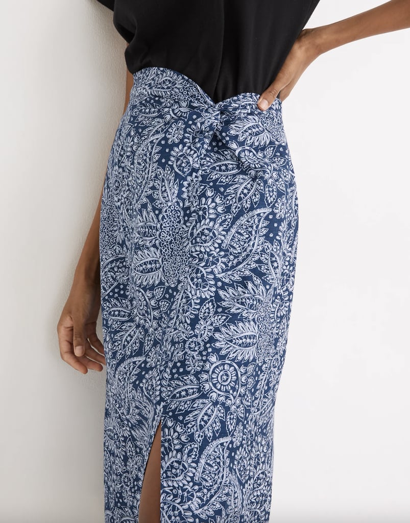 Linen-Blend Knotted Midi Skirt