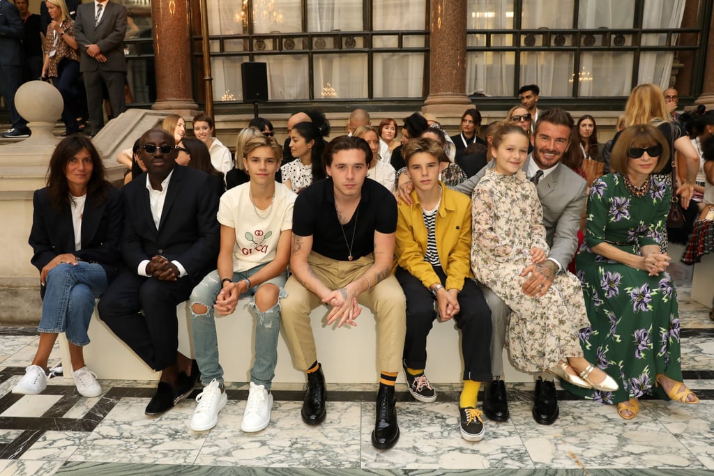 Romeo, Brooklyn, Cruz, Harper, and David Beckham and Anna Wintour at the Victoria Beckham London Fashion Week Show