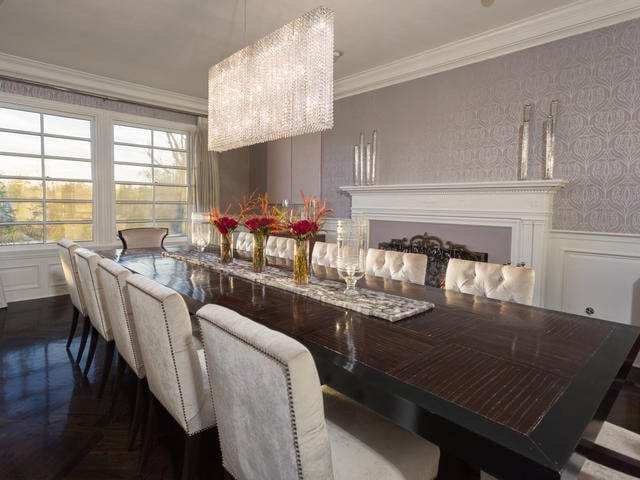The spacious dining room can accommodate 12 or more guests comfortably.