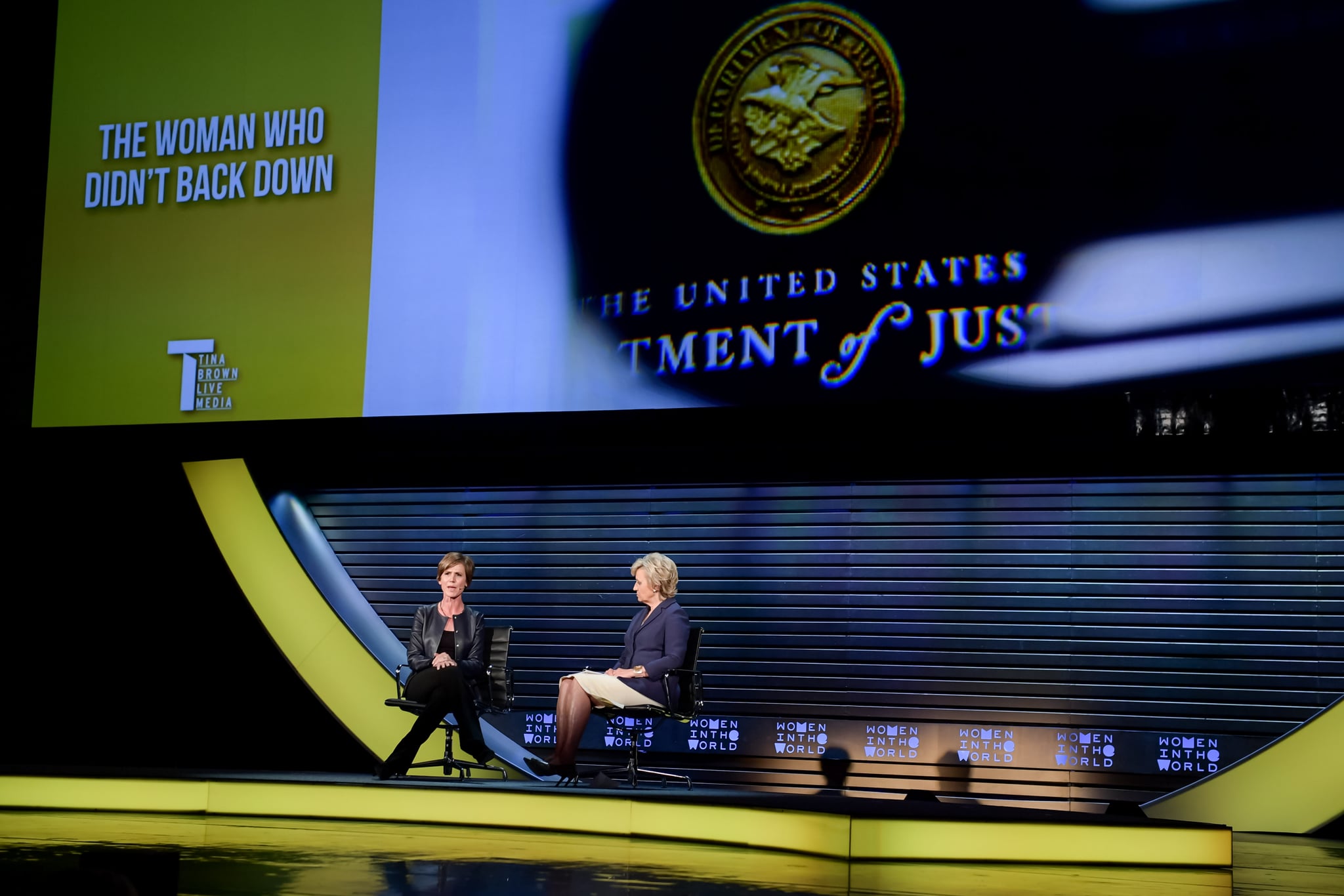 Sally Yates, Distinguished Visitor from Government, Georgetown University Law School; Former Deputy Attorney General and Tina Brown, Founder and CEO, Tina Brown Live Media/Women in the World on 'THE WOMAN WHO DIDN'T BACK DOWN' at The 2018 Women In The World Summit in New York City; 4/13/2018