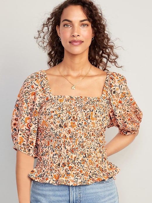 Fitted Puff-Sleeve Smocked Top