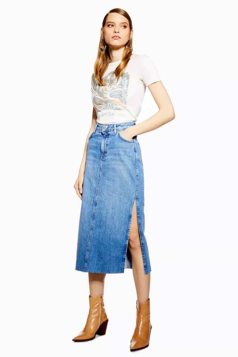 Topshop Side Split Denim Midi Skirt