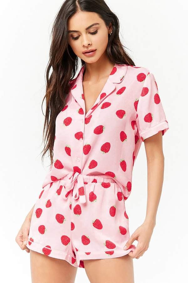 Forever 21 Strawberry Print Shirt & Shorts Pajama Set