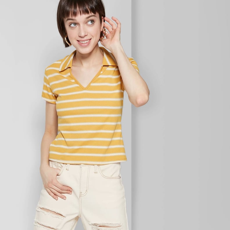 Women's Striped Short Sleeve V-Neck Cropped Polo Shirt