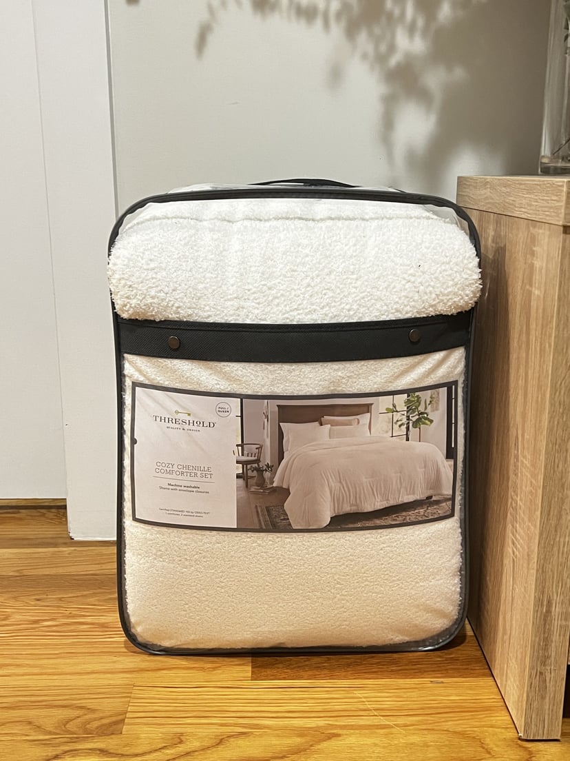The Threshold Cozy Chenille Comforter & Sham Set in packaging.
