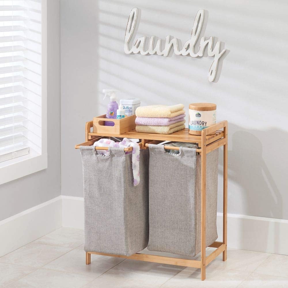 mDesign Bamboo Wood Laundry Station