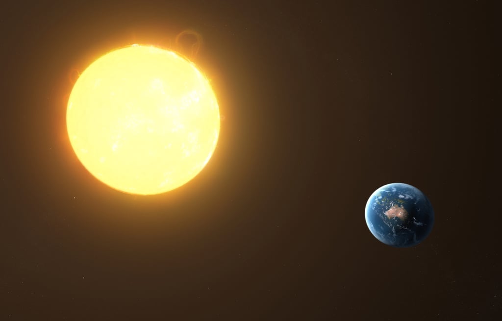 To scale: the sun is the size of a front door and Earth is the size of a nickel.