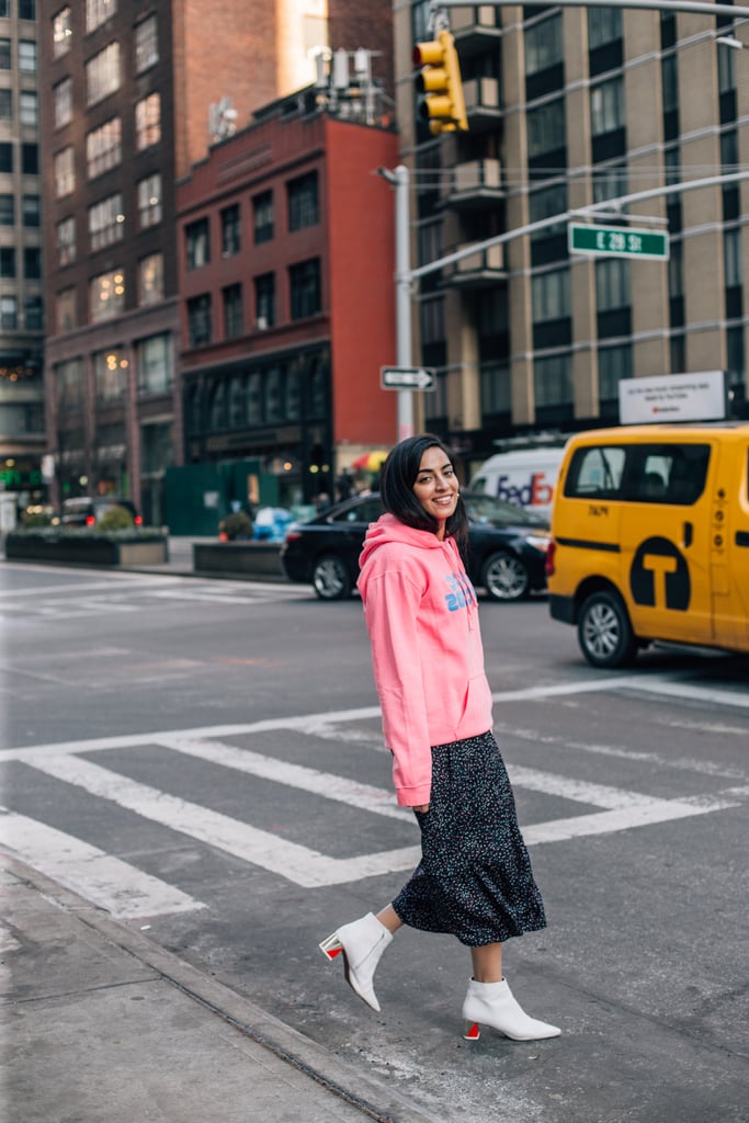 Fun fact: I was walking back from the bathroom in the office when a coworker screamed, "OMG! Come over here — we have to talk about this sweatshirt right now." I had on a neon pink Marc Jacobs sweatshirt over a floral POPSUGAR at Kohl's dress. While chatting about my little experiment, she actually realized that the Marc Jacobs logo was written backward, which I hadn't even noticed, TBH. It's actually pretty damn brilliant because the logo reads the right way when you take mirror selfies!