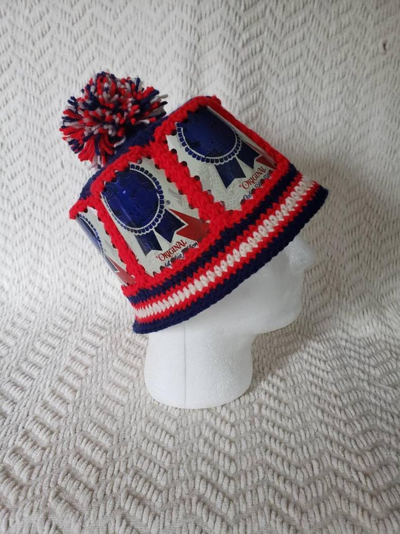 Gifted Acorn Crafts Pabst Blue Ribbon Handmade Crochet Beer Can Hat