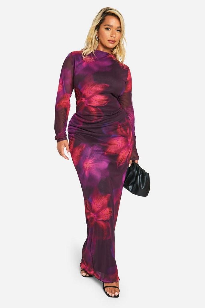 Boohoo Plus Floral Mesh Low Back Maxi Dress