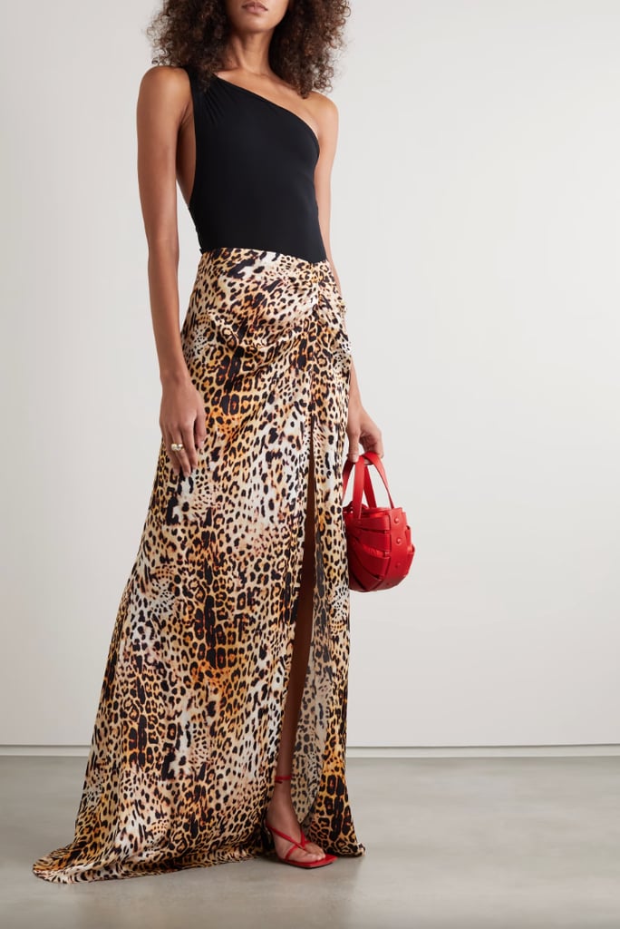 Halpern Gathered Leopard Print Satin Maxi Skirt