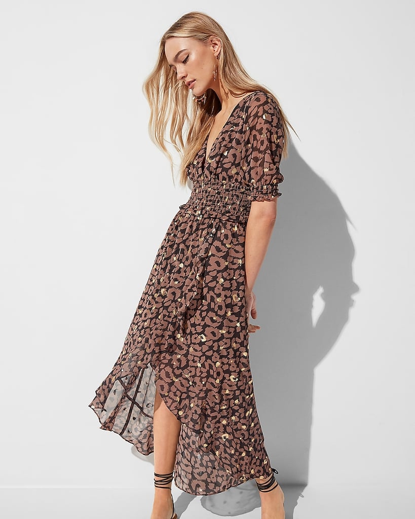 Metallic Leopard Smocked Waist Midi Dress