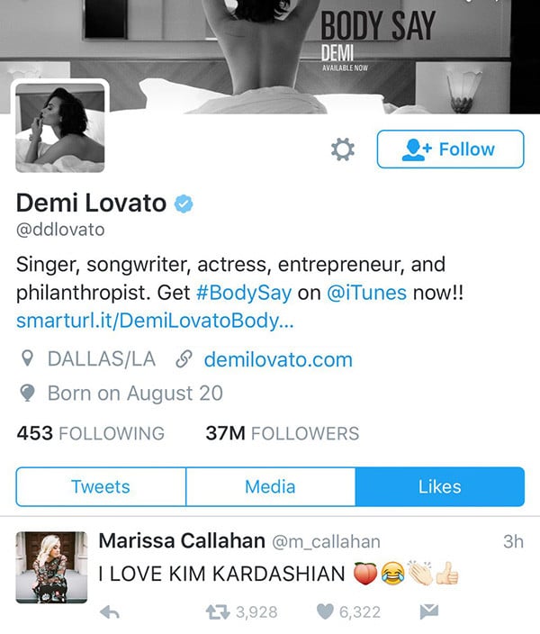 8:20 p.m. — Demi Lovato "Liked" a Tweet Praising Kim Kardashian 8:20 p.m. — Demi Lovato "Liked" a Tweet Praising Kim Kardashian