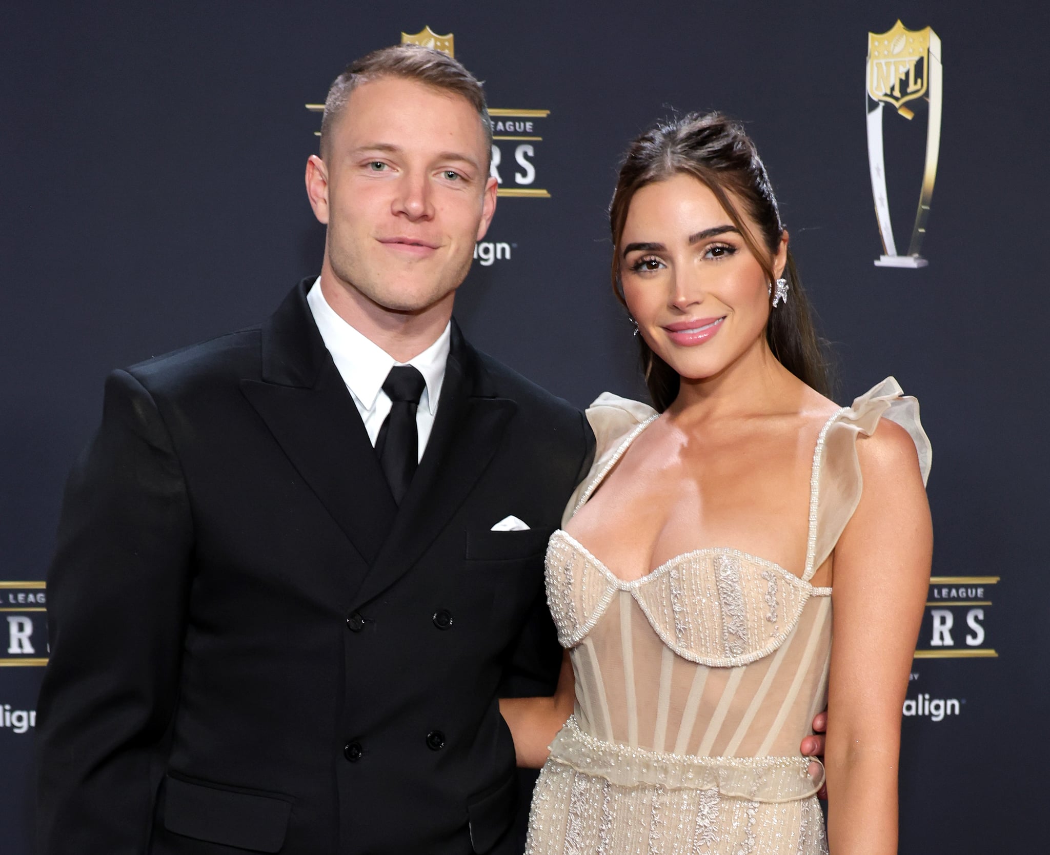 PHOENIX, ARIZONA - FEBRUARY 09: (L-R) Christian McCaffrey and Olivia Culpo attend the 12th annual NFL Honours at Symphony Hall on February 09, 2023 in Phoenix, Arizona. (Photo by Ethan Miller/Getty Images)