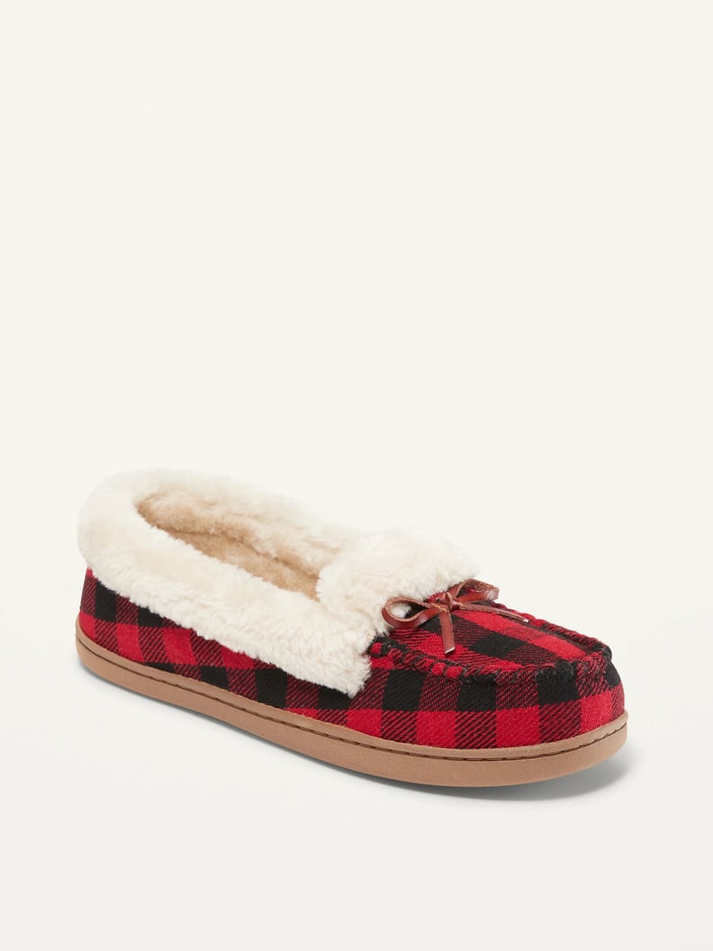 Old Navy Plaid Faux-Fur Trim Moccasin Slippers in Red Buffalo Plaid