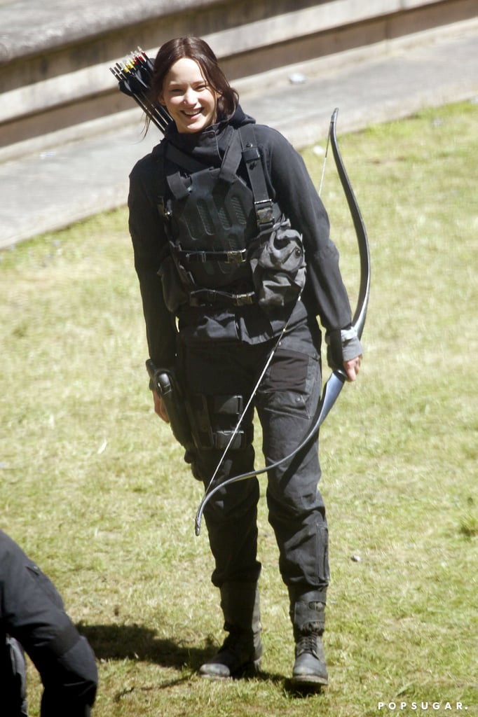Jennifer Lawrence flashed a smile on the Hunger Games: Mockingjay Part II set in Paris on Thursday.