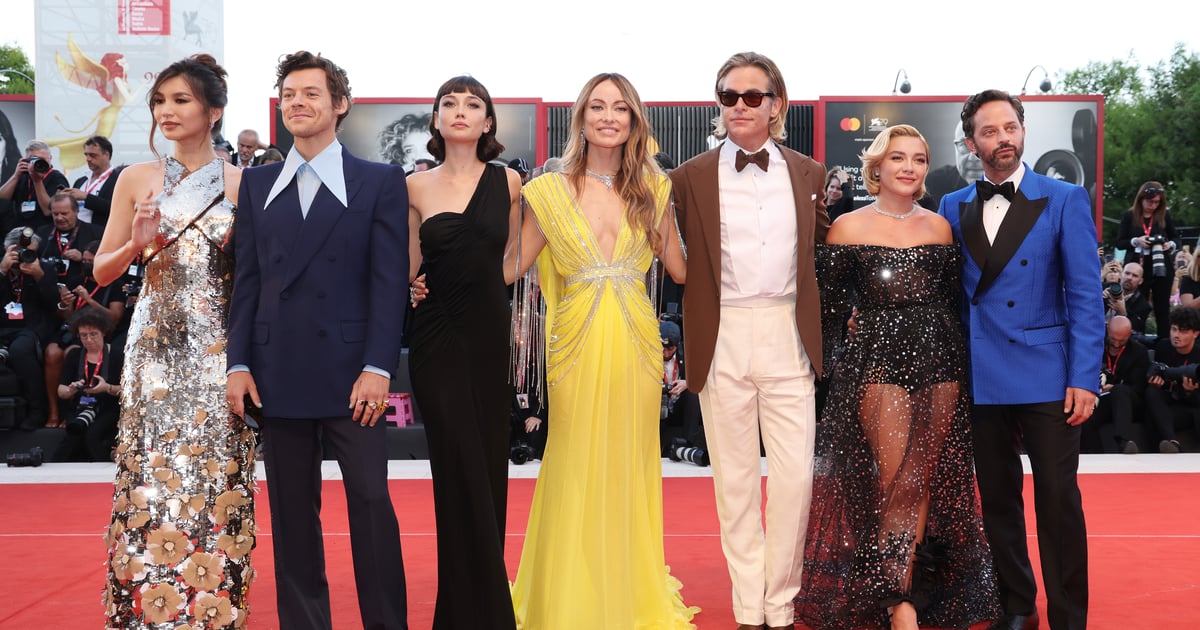 Harry Styles, Olivia Wilde und Florence Pugh posieren gemeinsam bei den Filmfestspielen von Venedig 2022