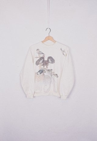 Vintage 90s Cream Bird Print Sweater
