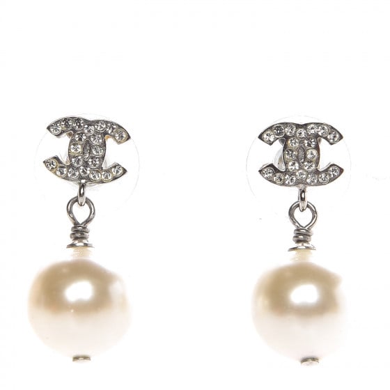 Chanel Crystal Pearl CC Drop Earrings