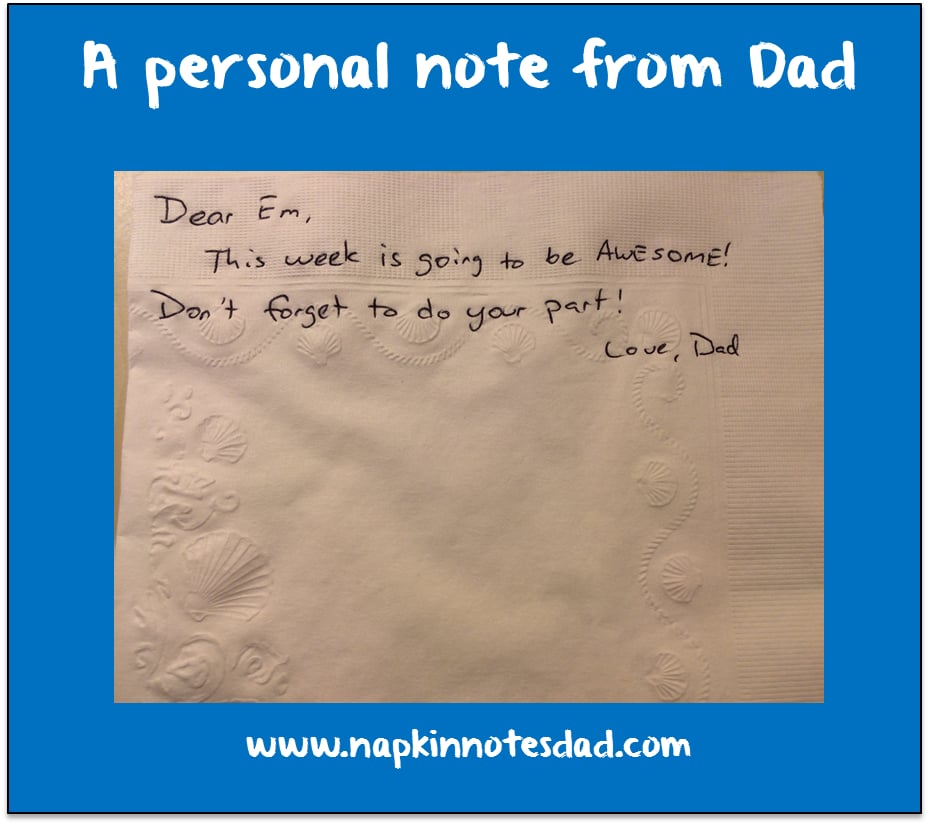 After receiving positive feedback on Facebook, Garth compiled his napkin notes into a Kindle booklet ($3), which he hopes will motivate parents to take a similar approach when packing their children's lunches. 
Source: Facebook user Napkin Notes