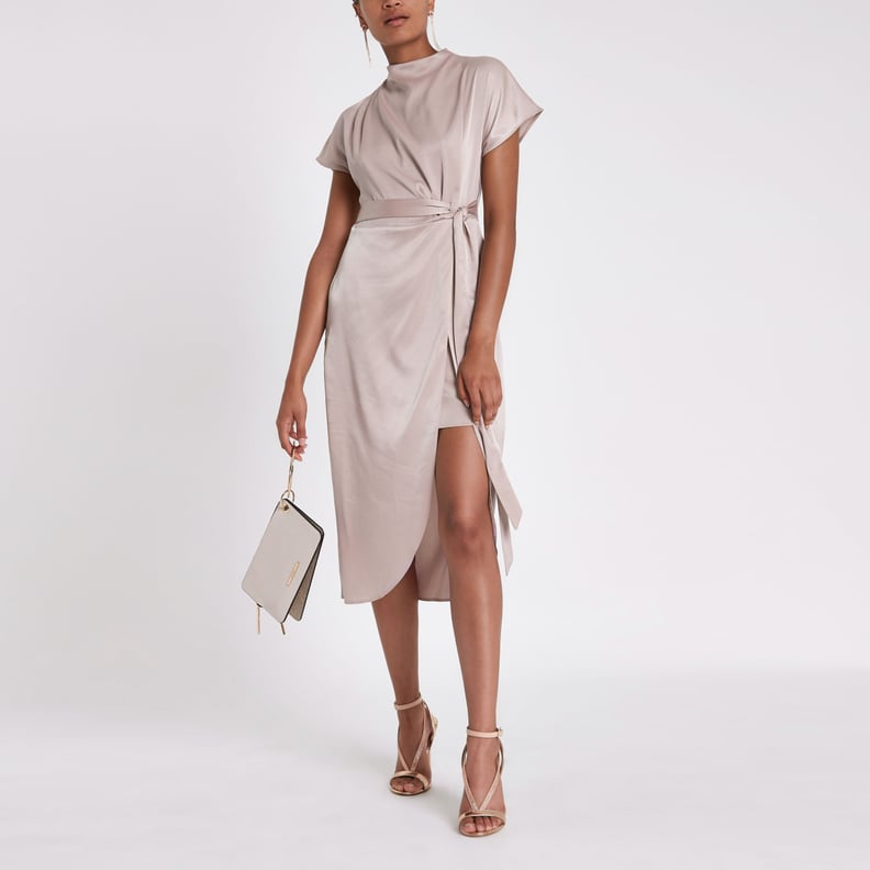 River Island Nude Pink Satin Tie Waist Dress