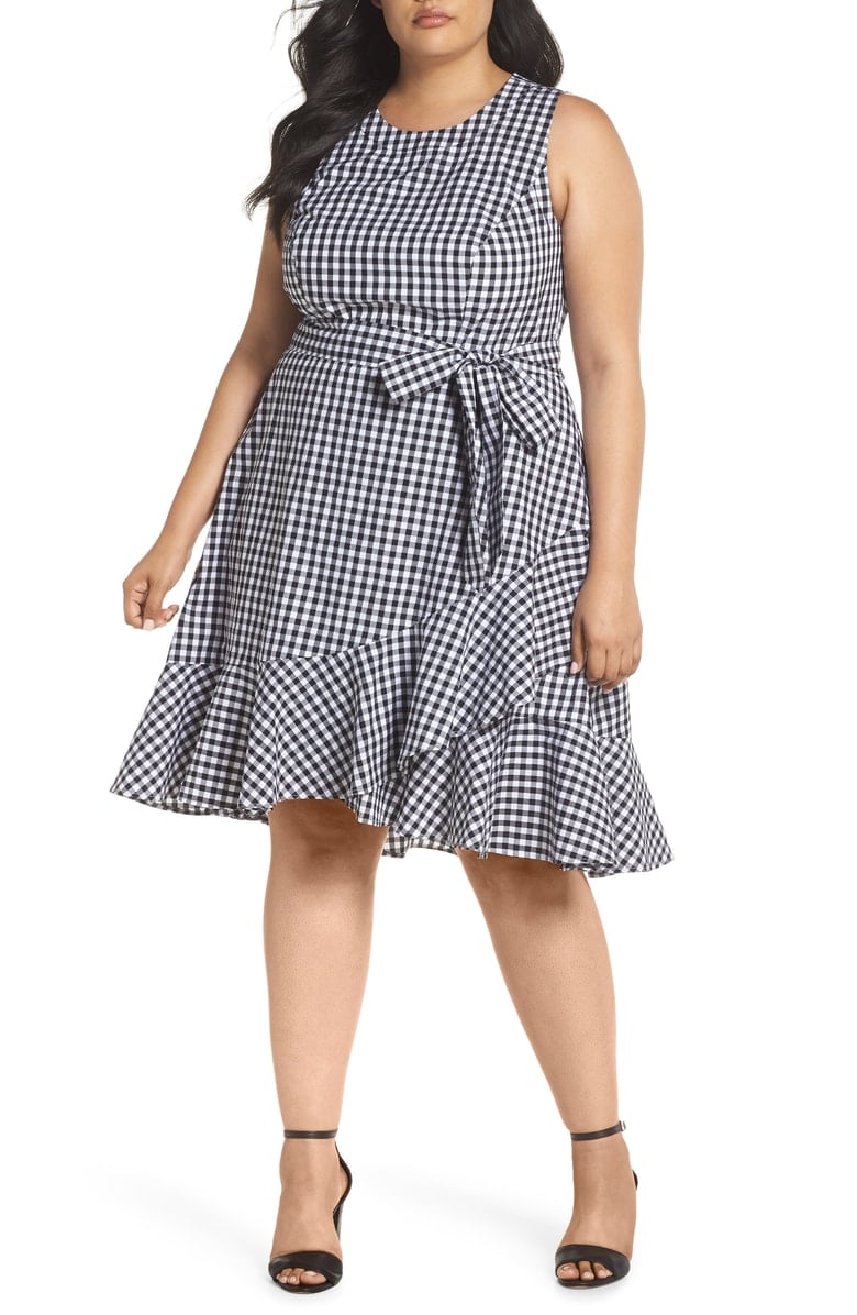 Eliza J Belted Ruffle Hem Gingham Dress