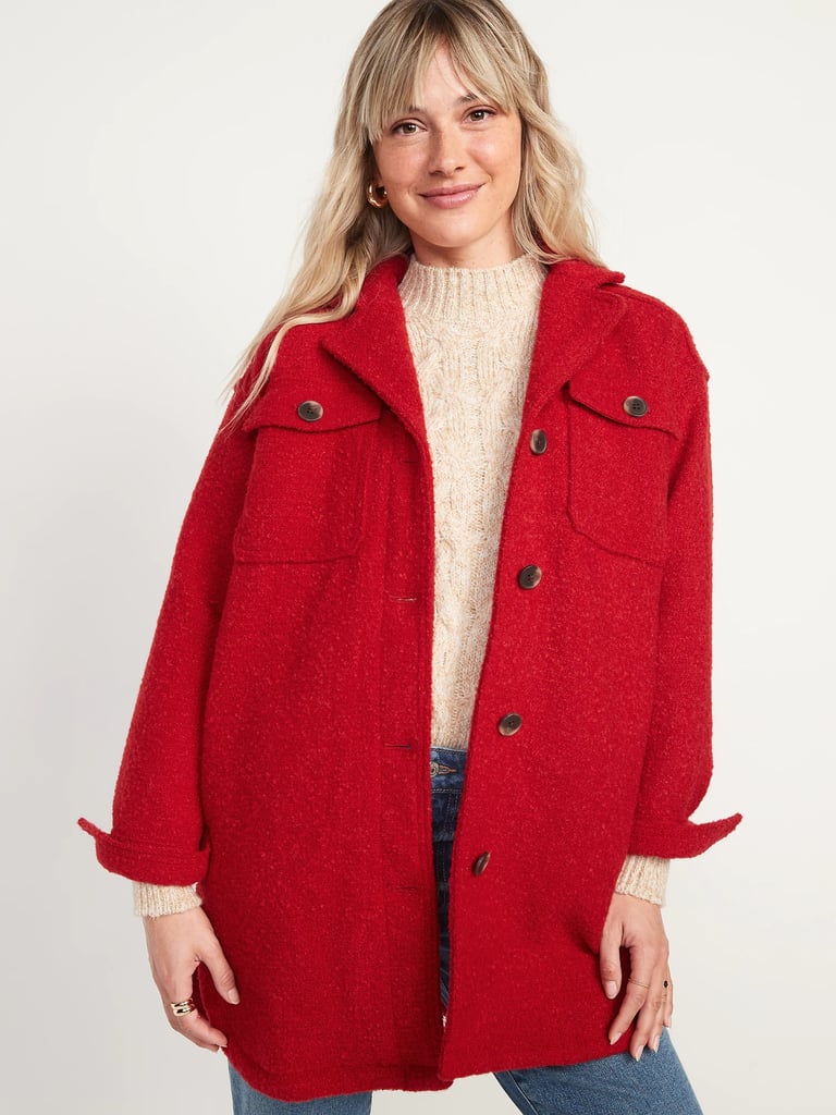 Old Navy Long Bouclé Utility Shacket in Robbie Red