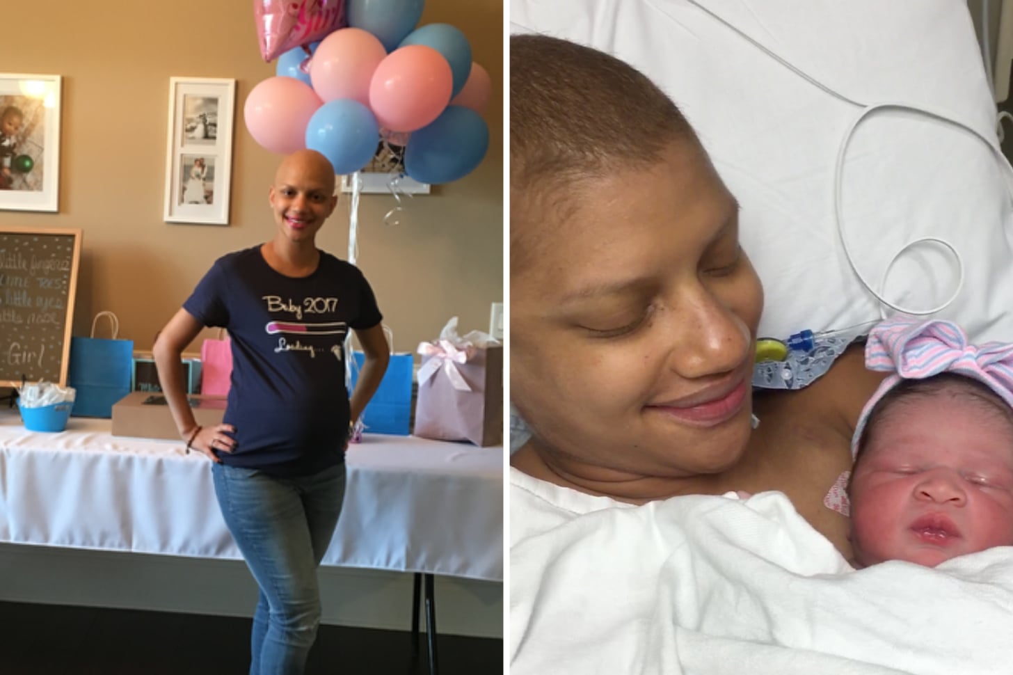 Lanear Snell at her baby shower and after delivering her baby girl.